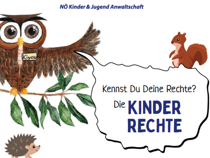 Cover_UN-KRK-Kinder_2022 Die gezeichnete Eule Kiyou sitzt auf einem Baumzweig, in der Sprechblase steht: "Kennst du deine Rechte? Die KINDERRECHTE". Am unteren Rand sitzt ein kleiner Igel, hinter der Sprechblase sitzt ein Eichhörnchen.