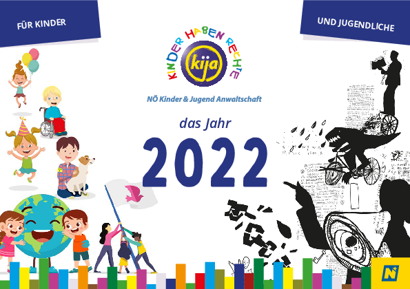 Deckblatt des Jahreskalenders 2022 der NÖ kija mit ein paar Bildern/Personen, die auch auf den Innenseiten vorkommen, auf der linken Seite die Illustrationen für Kinder und auf der rechten Seite für Jugendliche