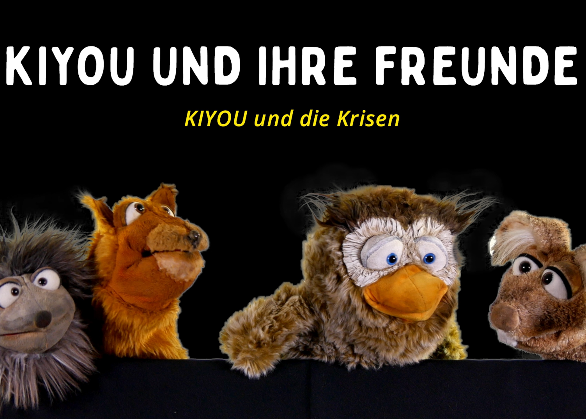 die vier Handpuppen "Rocko", "Niki", "Löffl" und "Kiyou"
