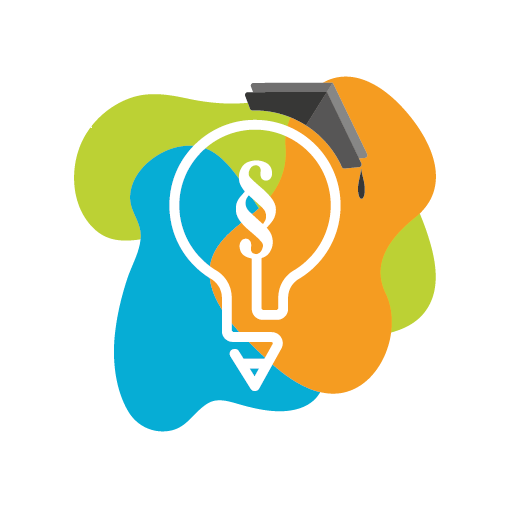Logo der School Checker App, weiße Glühbirne auf einem blau, grünen und orangenen Hintergrund