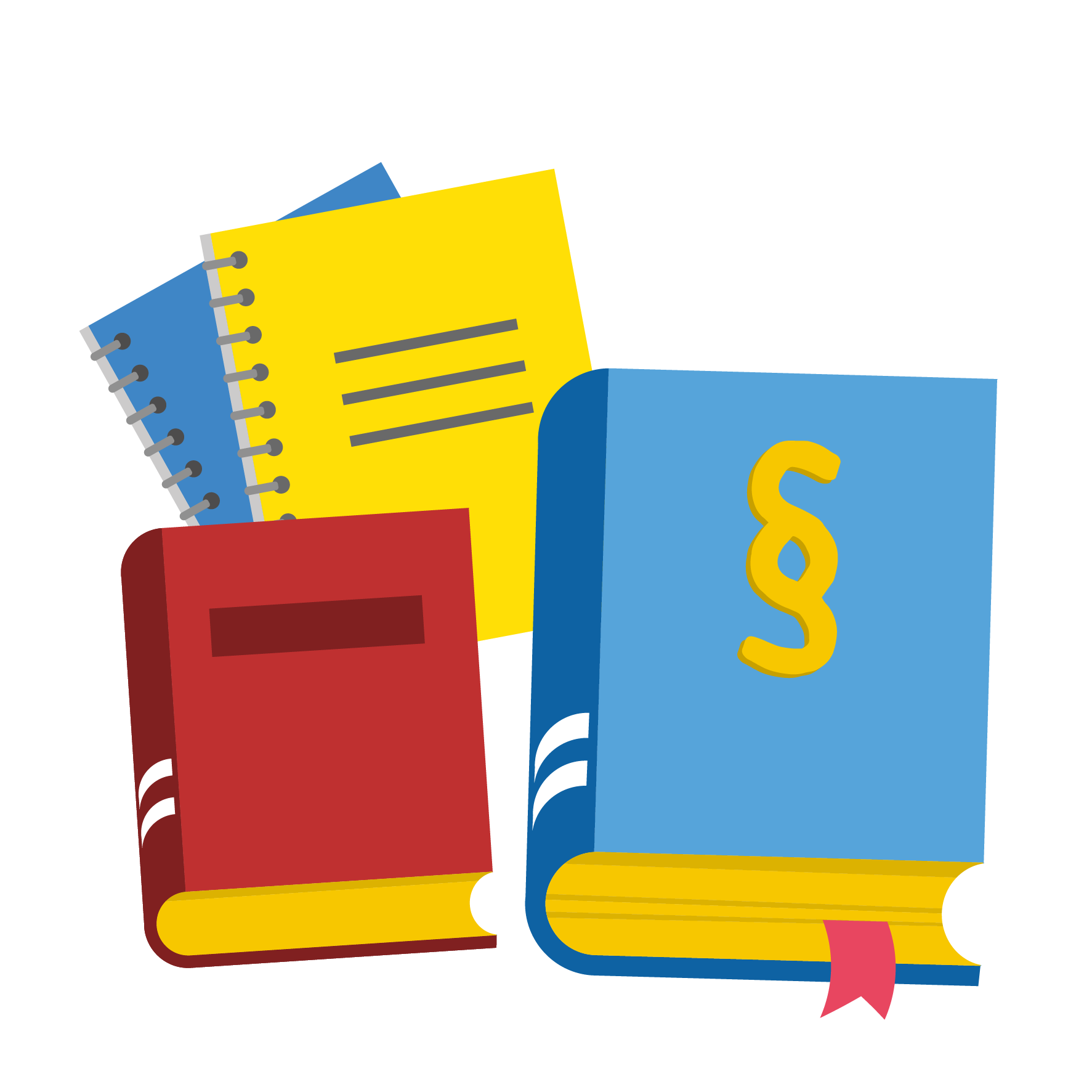 Illustration vier Gesetzesbüchern, zwei blaue, ein rotes und ein gelbes